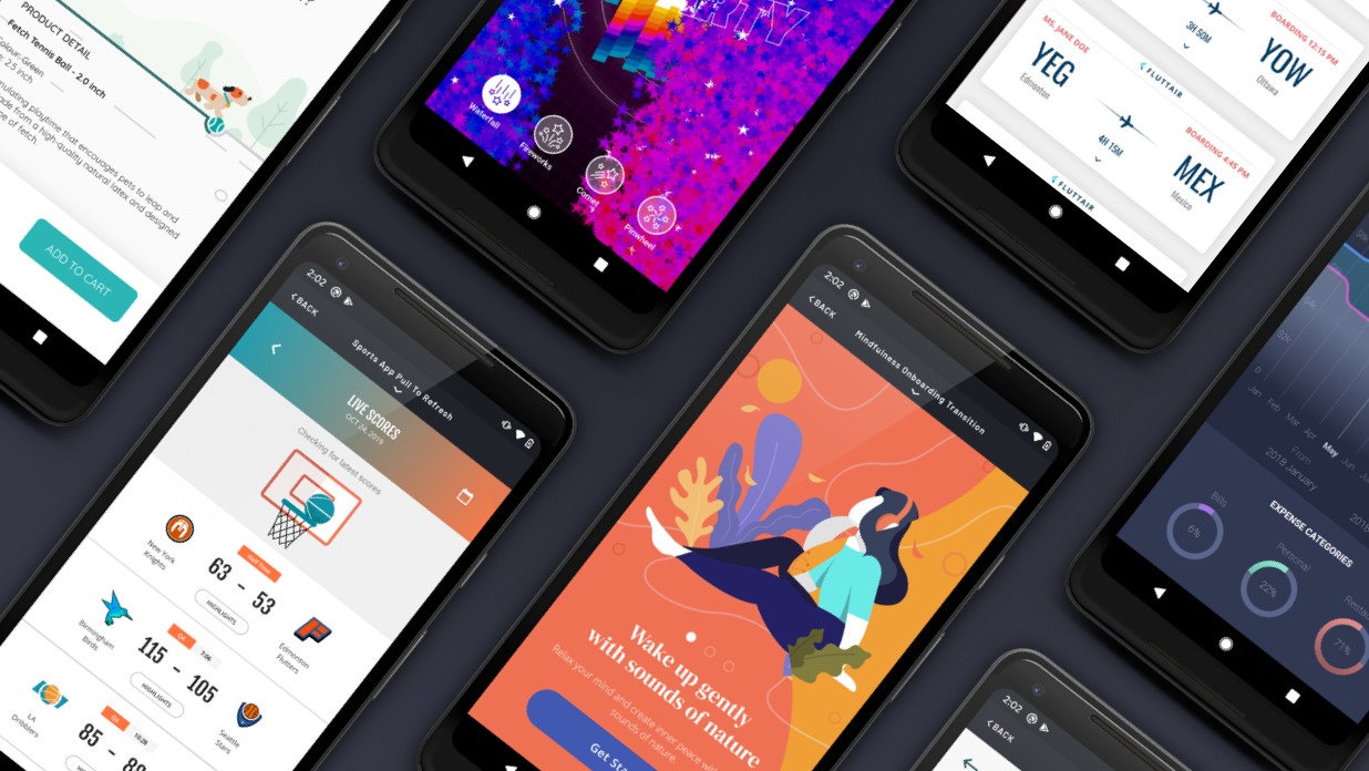 Screenshots of mobile devices running Flutter apps with Flutter Vignettes